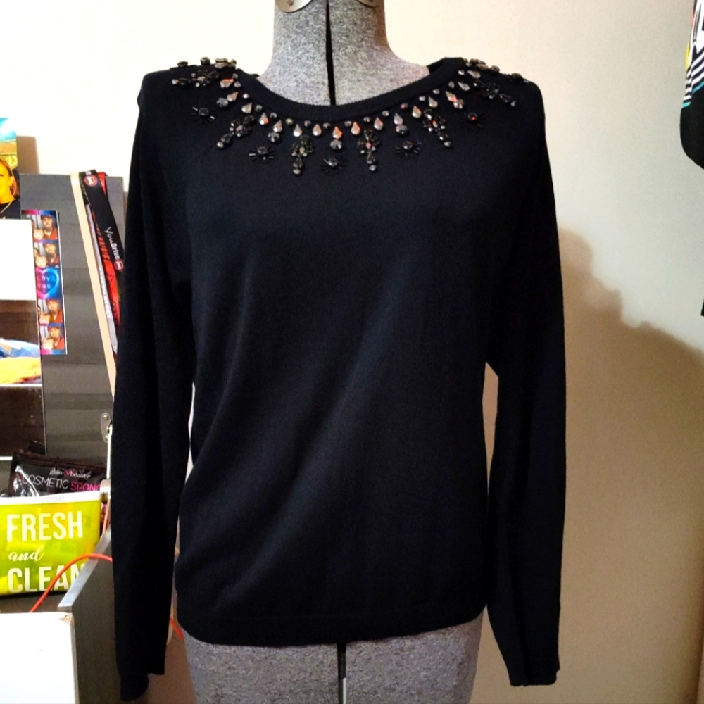NWT RSVP by Talbot's Black Jeweled Neck Sweater Size Large